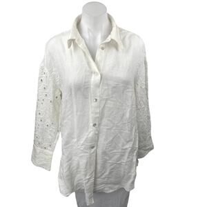 S. Oliver Women's White Linen Embroidered Eyelet Long Sleeve Button Down Shirt 6